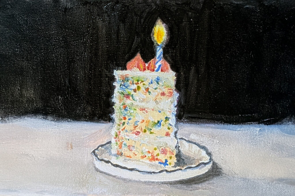 Happy Birthdaze to me. An oil painted image of a slice of birthday cake with candle lit.