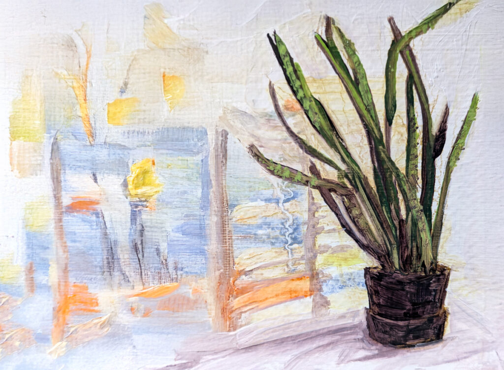 Snake plant on credenza, painted in oils by Laney luv