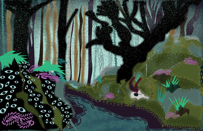skull in mystic forest illustration