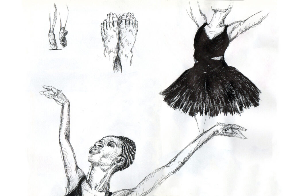Image of different parts of a ballerina dancing. Illustration by Laney Luv