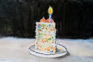 Happy Birthdaze to me. An oil painted image of a slice of birthday cake with candle lit.