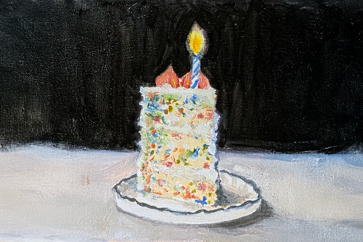 Happy Birthdaze to me. An oil painted image of a slice of birthday cake with candle lit.