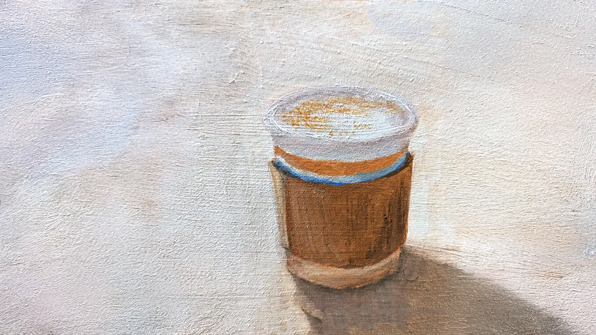 Cappuccino, oil painting by Luv Laney Luv and the print version will be available for purchase in August 2026.