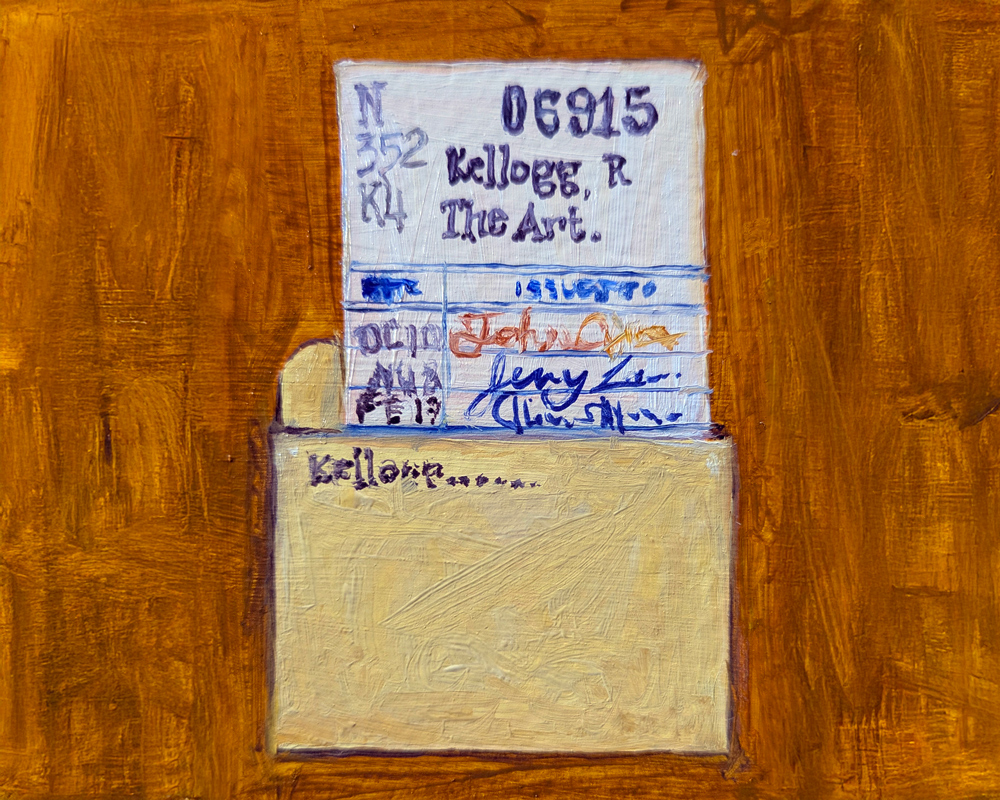 Vintage library card, oil painting by Laney Luv