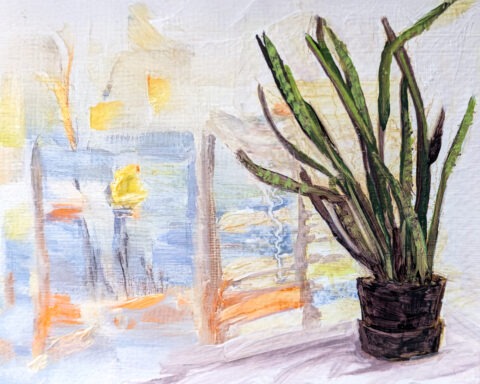 Snake plant on credenza, painted in oils by Laney luv