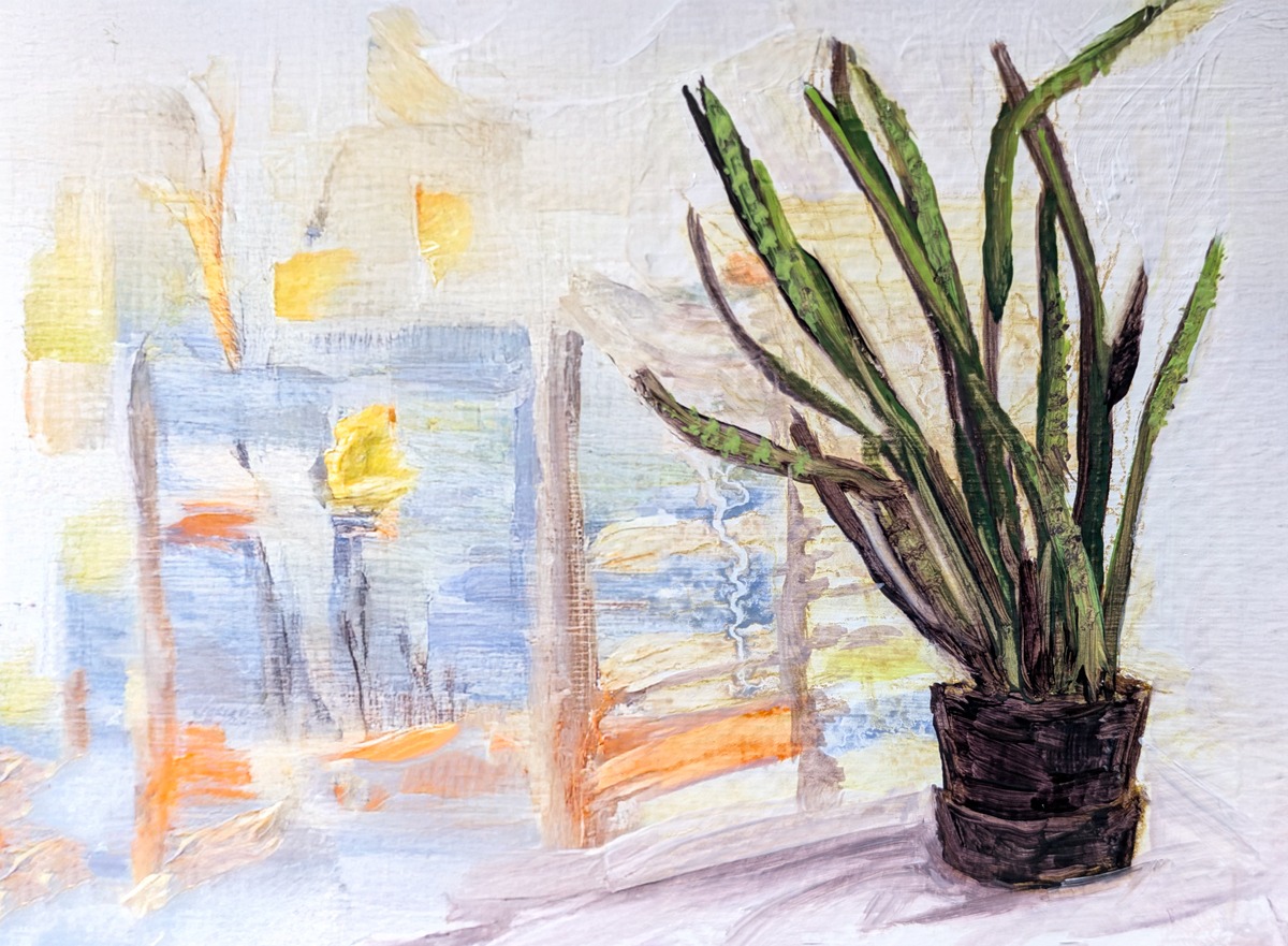 Snake plant on credenza, painted in oils by Laney luv