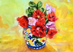 Summer bouquet, oil painting done by Luv Laney Luv and the print version will be available for purchase in August 2026.
